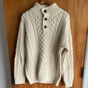 L.L. Bean Cream Cable Knit Button Mock Neck Sweater